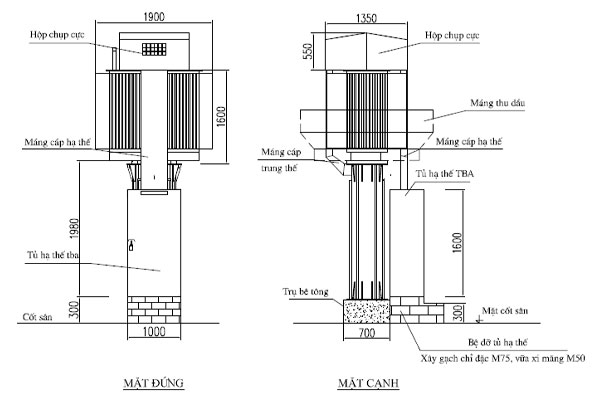 Bố trí thiết bị trạm biến áp hợp bộ kiểu đứng 750kVA
