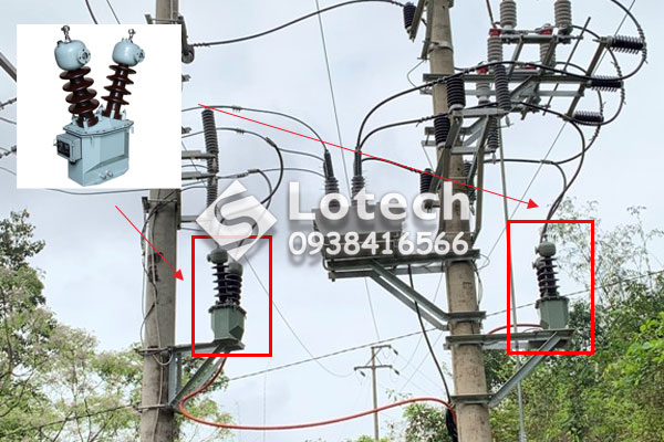 Máy biến áp cấp nguồn 1 pha 2 sứ EMIC lắp đặt trên cột