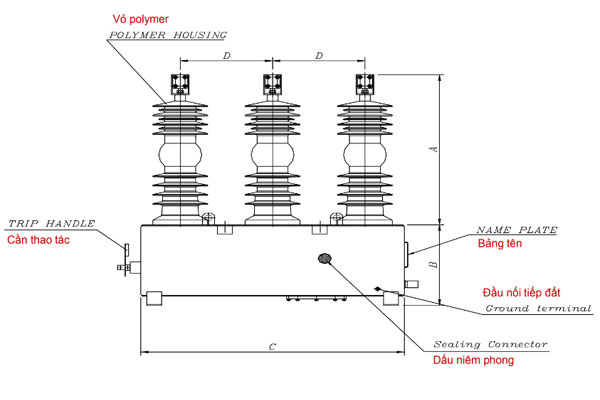 Mô hình bố trí chung của thân máy cắt Recloser ENTEC