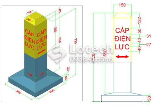 Bản Vẽ Cột Mốc Bê Tông Cảnh Báo Cáp Ngầm Điện Lực - Lotech