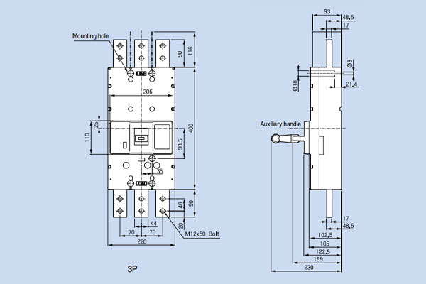 Bản vẽ aptomat khối 3 pha MCCB 1000A LS
