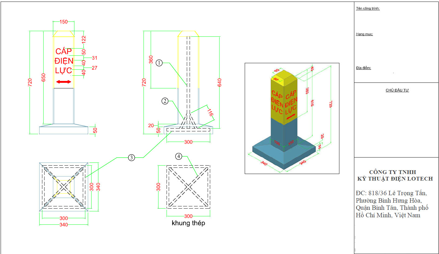 Bản vẽ cọc bê tông cảnh báo cáp ngầm loại có chân đế - Lotech