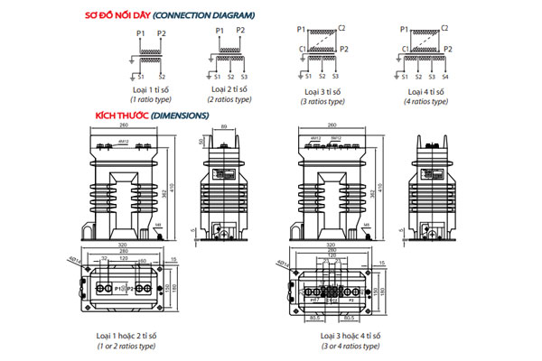 Bản vẽ và sơ đồ đấu dây đo đếm trung thế TI 35kV đúc Epoxy 1 mạch trong nhà