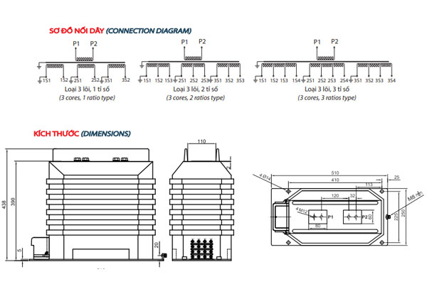 Bản vẽ và sơ đồ nối dây biến dòng TI EMIC 35kV loại đúc 3 mạch trong nhà