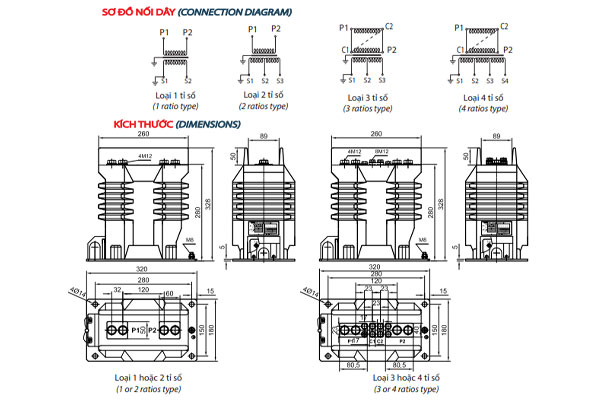 Bản vẽ và sơ đồ nối dây biến dòng đo lường EMIC 22kV đúc epoxy 1 mạch trong nhà