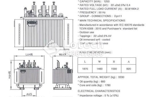 Bản vẽ và thông số máy biến áp 1250kVA THIBIDI