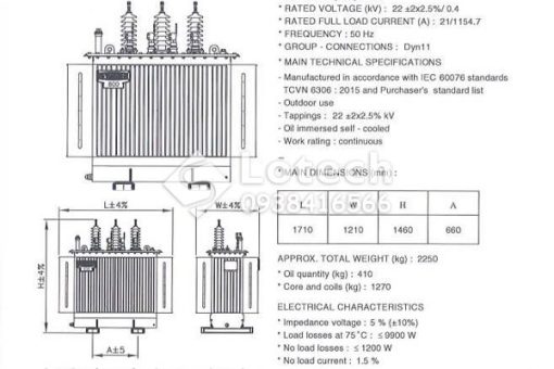 Bản vẽ và thông số máy biến áp 800kVA THIBIDI