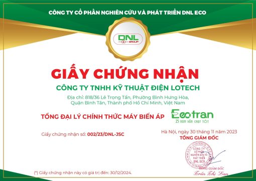 Chứng nhận đại lý máy biến áp Ecotran - Lotech