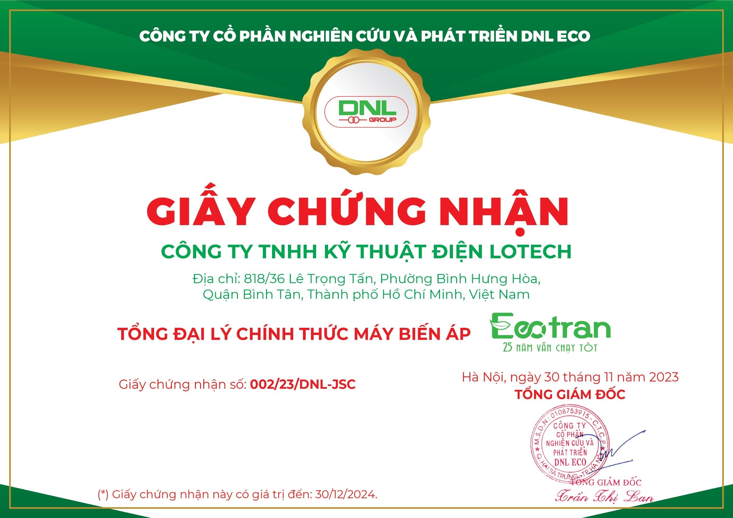 Chứng nhận đại lý máy biến áp Ecotran - Lotech