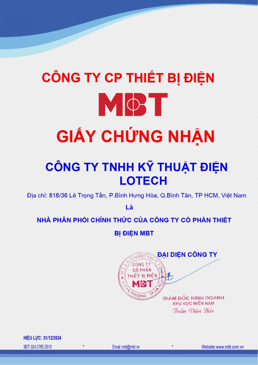 Chứng nhận đại lý máy biến áp MBT Lotech