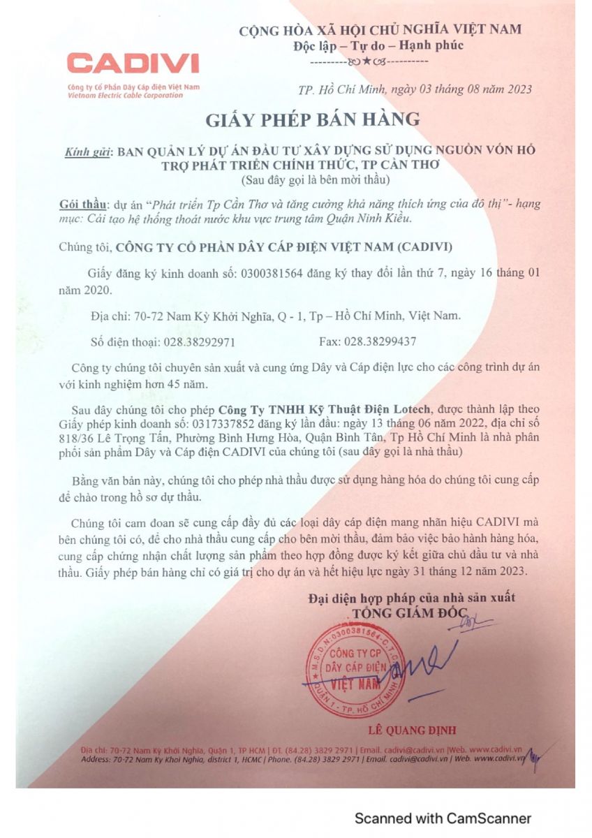 Giấy phép bán hàng cáp điện CADIVI Cần Thơ