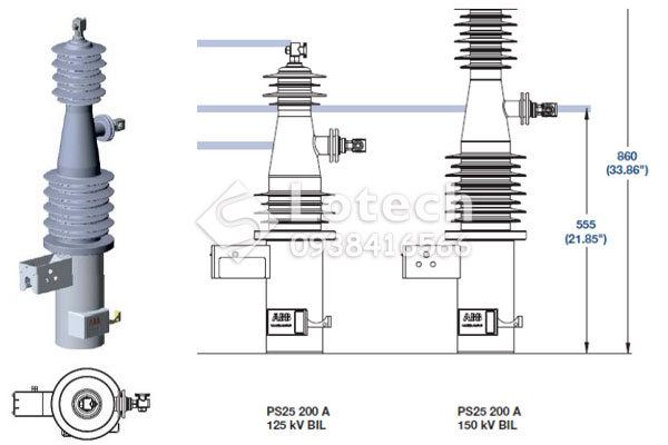 Bản vẽ cấu tạo dao cắt tụ trung thế 1 pha ABB PS25