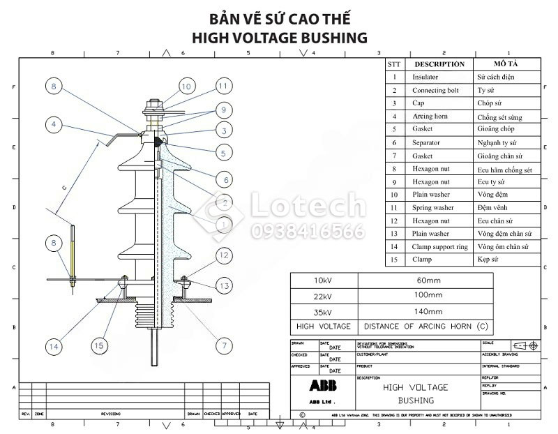 Bản vẽ sứ cao thế máy biến áp dầu ABB kiểu kín