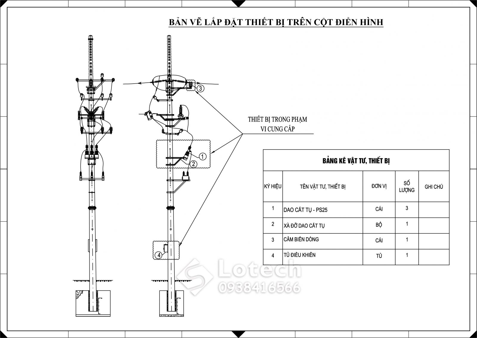 Bản vẽ lắp đặt thiết bị tụ bù trung thế trên cột