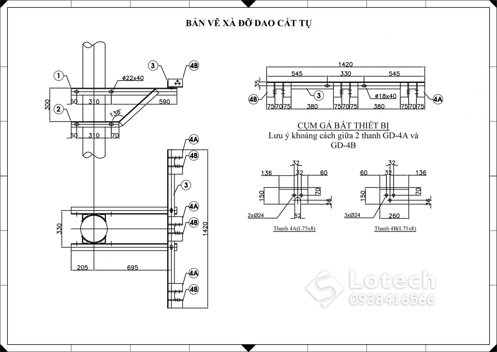 Bản vẽ xà đỡ dao cắt tụ bù 1 pha trung thế