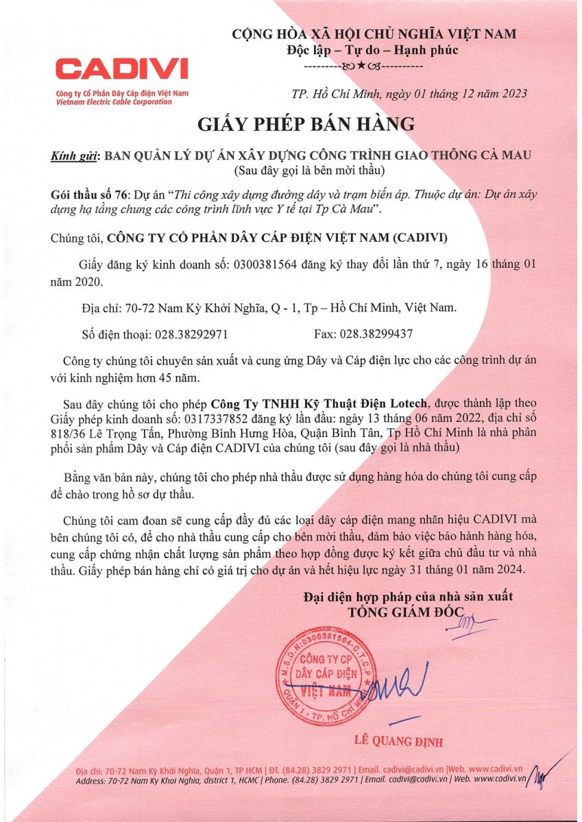 Giấy phép bán hàng cáp điện CADIVI Cà Mau
