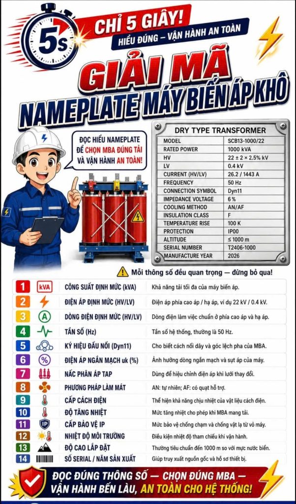 Cách đọc bảng hiệu (nameplate) máy biến áp khô