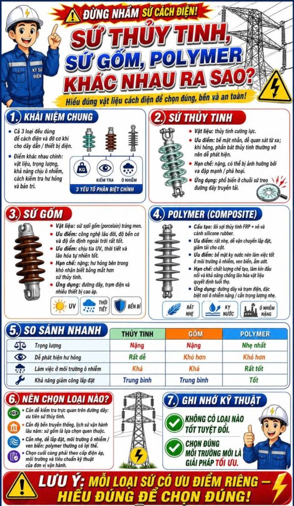So sánh sứ thủy tinh - sứ gốm - sứ polymer cách điện